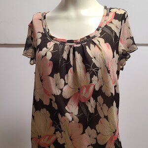 Evan Picone blouse, floral brown sheer fabric short cap sleeve size 8